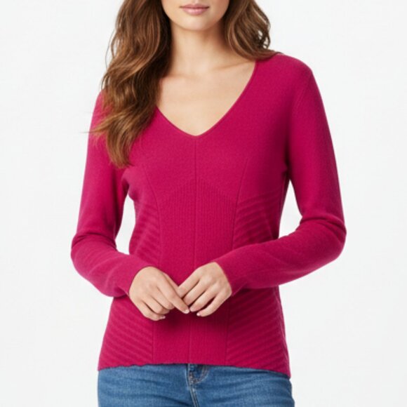 Judith & Charles Silk Blend Sweater V-Neck Long Sleeve Fuchsia Hot Pink - Picture 1 of 12